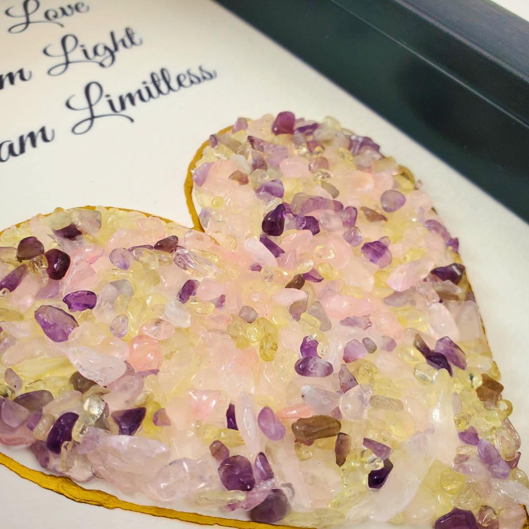 “I Am Love, I Am Light, I Am Limitless” Empowerment Shadow Box Art (Rose Quartz, Amethyst & Citrine))