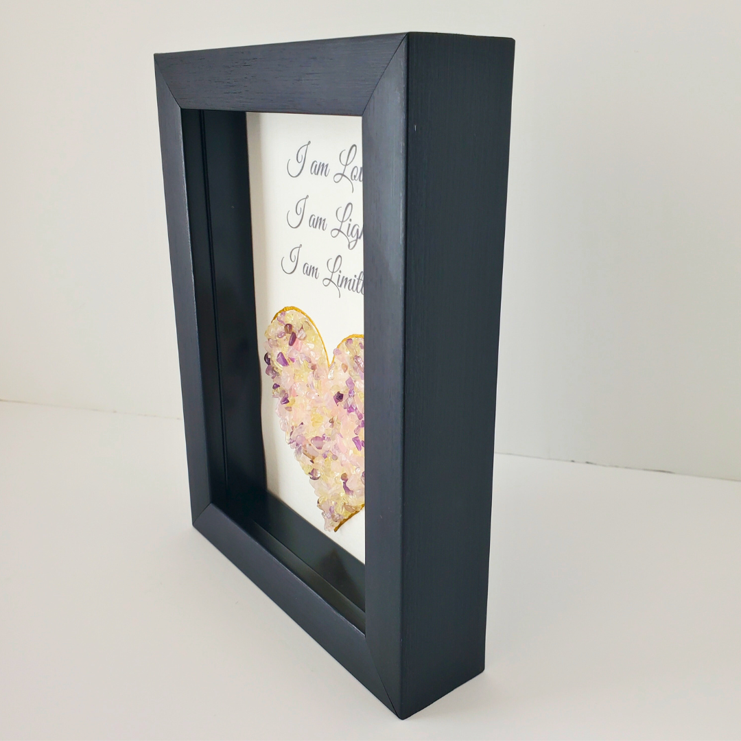 “I Am Love, I Am Light, I Am Limitless” Empowerment Shadow Box Art (Rose Quartz, Amethyst & Citrine))