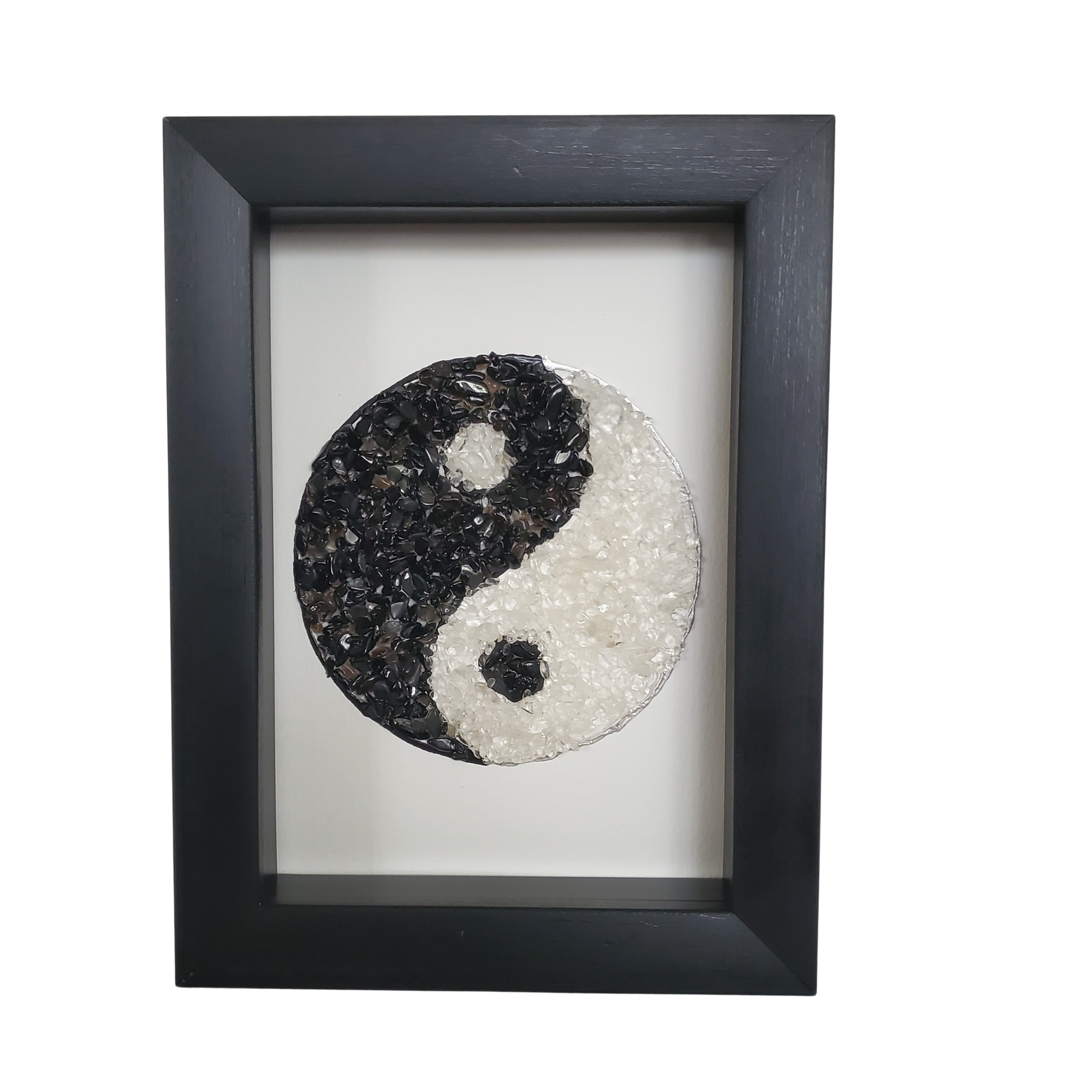 Yin Yang Black Tourmaline and Clear Quartz Shadowbox Art