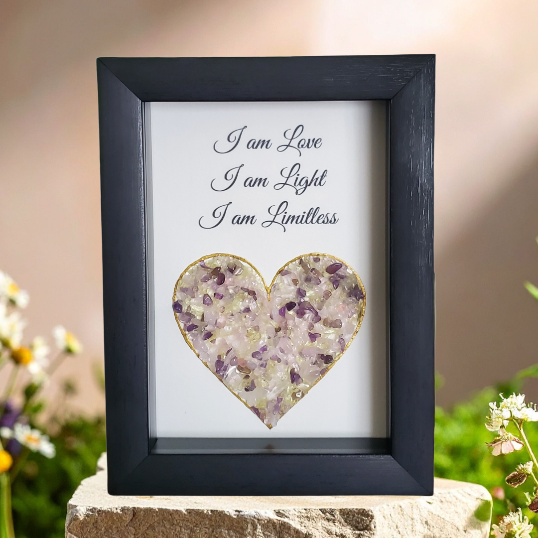 “I Am Love, I Am Light, I Am Limitless” Empowerment Shadow Box Art (Rose Quartz, Amethyst & Citrine))